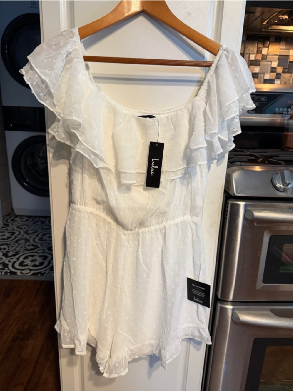 NWT Lulus Frilled to Bits White Swiss Dot Off-the-Shoulder Romper - Picture 5 of 10